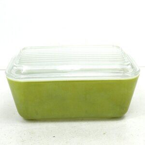 Pyrex Green #0502 Loaf 1.5 Quart Refrigerator Dish w/Ribbed Glass Lid Vintage
